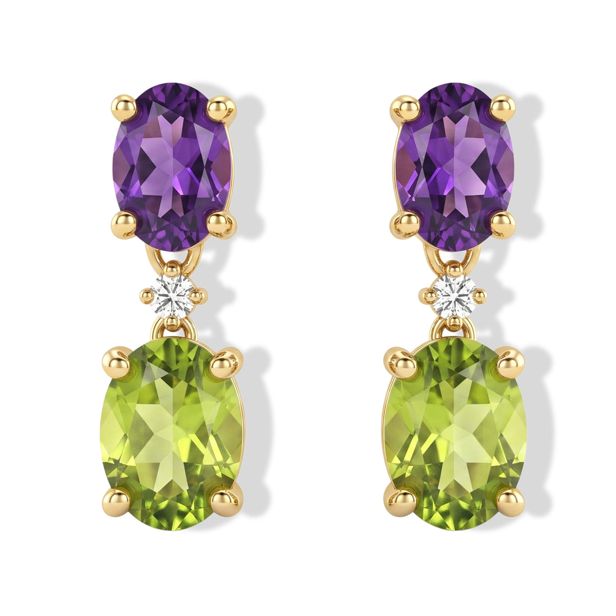 D'Joy - Natural Hebei Peridot, White Zircon &amp; African Amethyst Dangling Earring with Push Post in Yellow Gold Plated Sterling Silver 2.56 Ct. V32514771 0