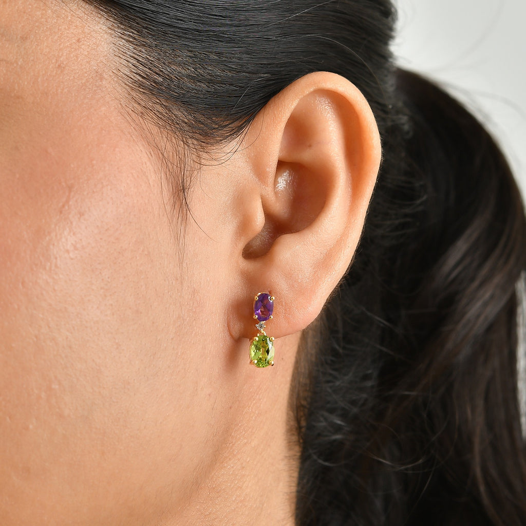 D'Joy - Peridot, White Zircon & African Amethyst Dangling Earring with Push Post in Yellow Gold Plated Sterling Silver 2.56 Ct._8700012_1