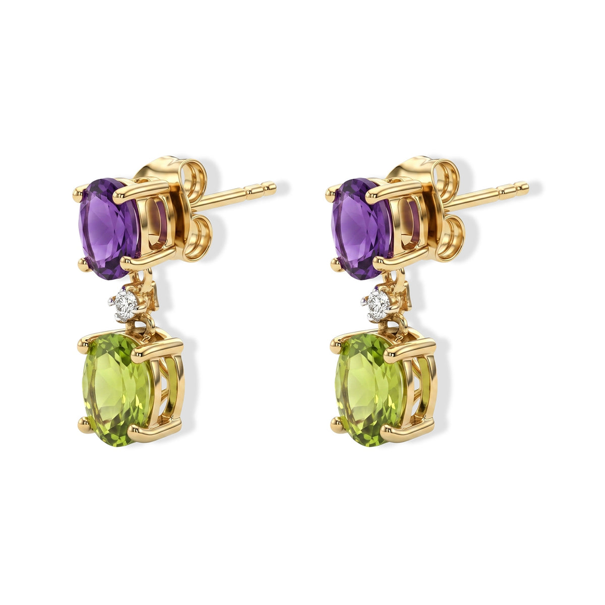 D'Joy - Natural Hebei Peridot, White Zircon &amp; African Amethyst Dangling Earring with Push Post in Yellow Gold Plated Sterling Silver 2.56 Ct. V32514771 4