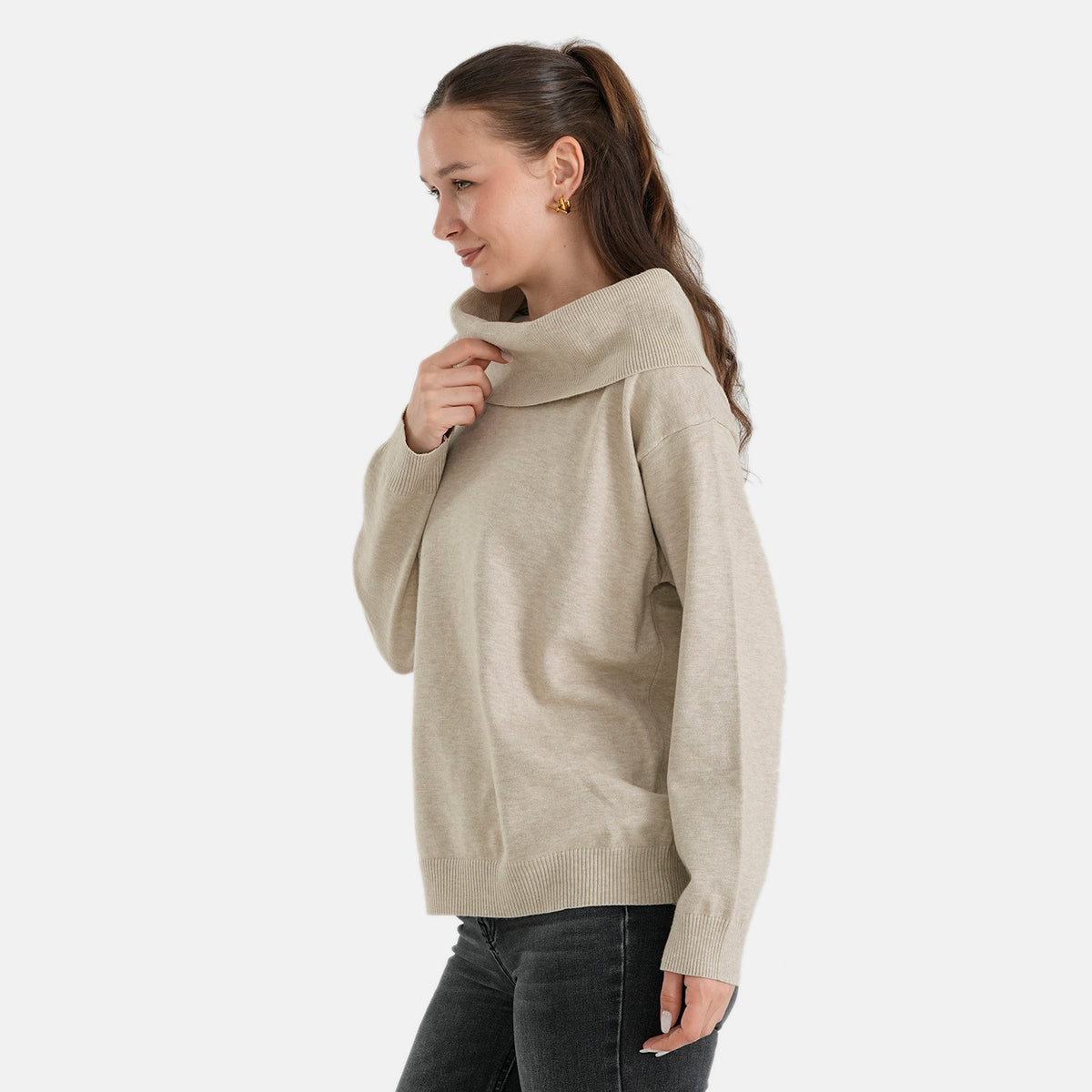 La Marey Cozy Fold-Over Turtleneck Knit Jumper (Size - L-XL, 16-22) - Beige 8700020 2