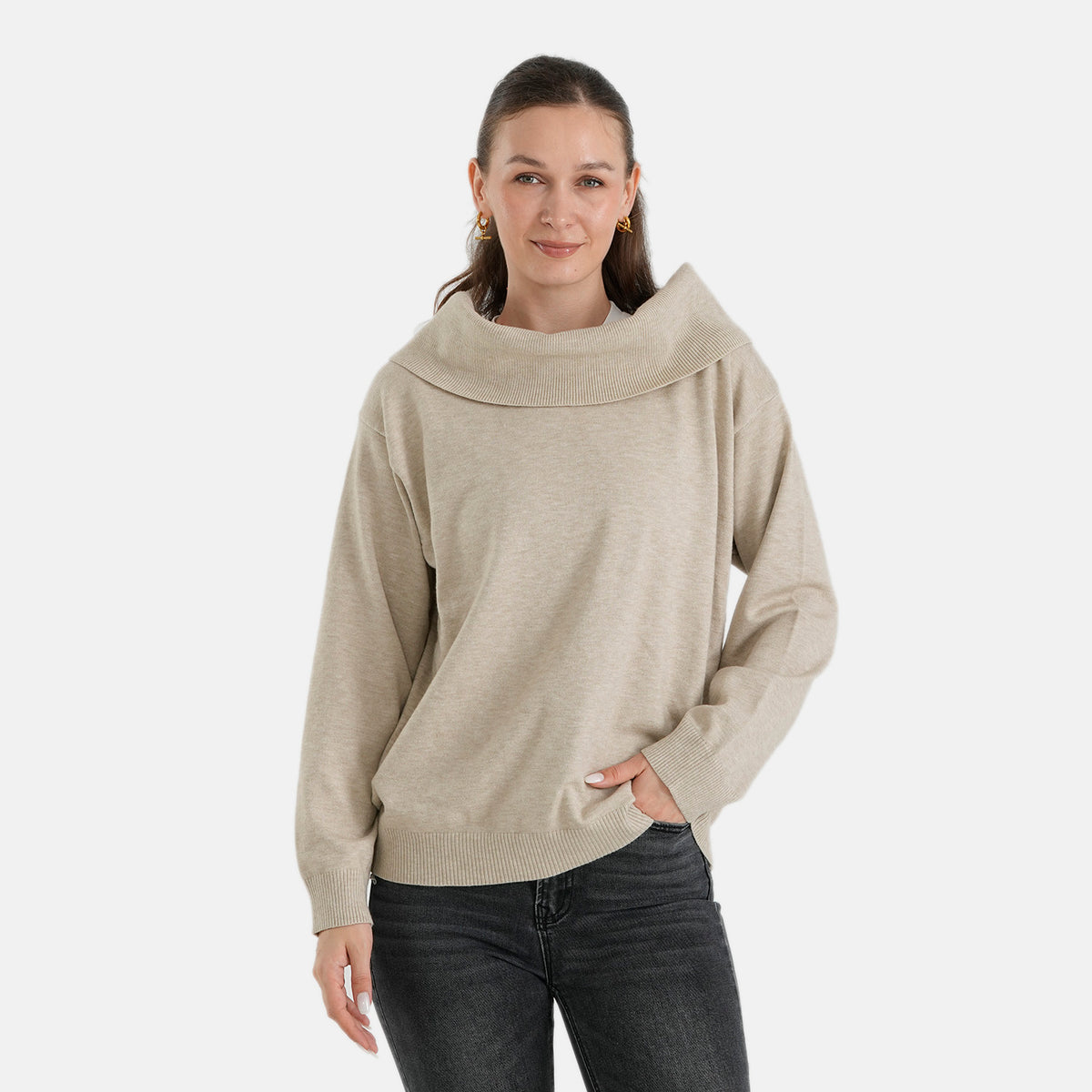 La Marey Cozy Fold-Over Turtleneck Knit Jumper (Size - L-XL, 16-22) - Beige 8700020 3