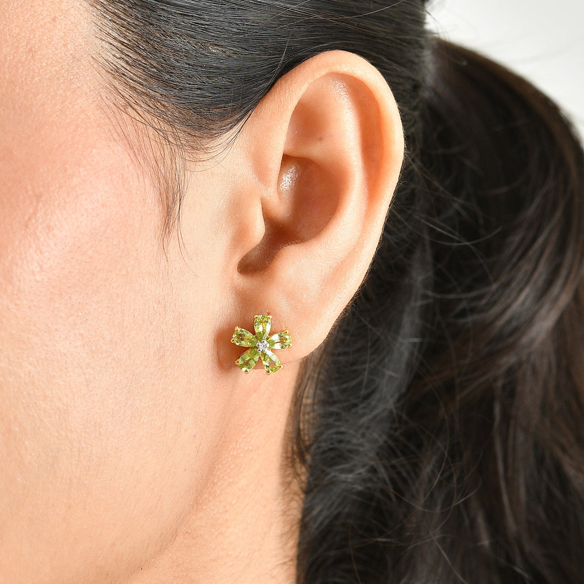 Luxuriant - Natural Hebei Peridot &amp; Lab Grown Diamond (SI/G-H) Floral Earring with Push Post in Yellow Gold Plated Sterling Silver 2.05 Ct. V32521334 2