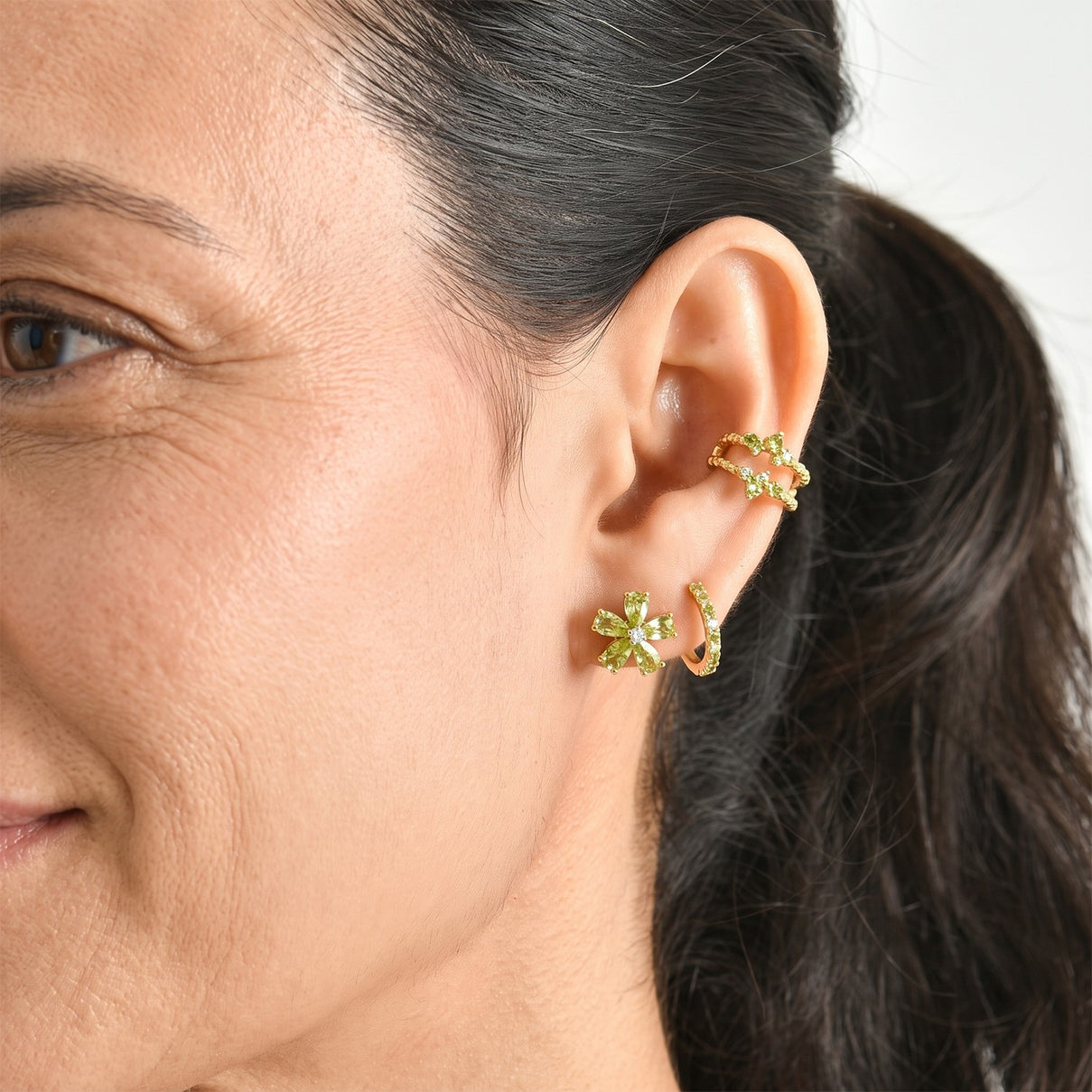 Luxuriant - Natural Hebei Peridot &amp; Lab Grown Diamond (SI/G-H) Floral Earring with Push Post in Yellow Gold Plated Sterling Silver 2.05 Ct. V32521334 3