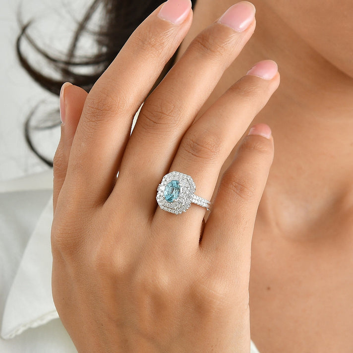 D'Joy - Blue Zircon &amp; Moissanite Halo Ring in Rhodium Overlay Sterling Silver 2.80 Ct. 8700301 2