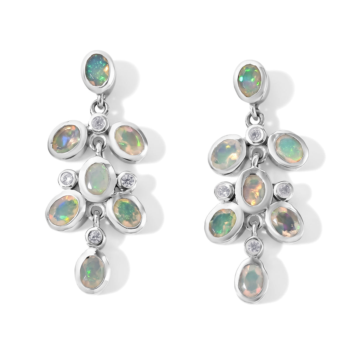 D'Joy - AAA Ethiopian Opal &amp; White Zircon Dangling Earring in Rhodium Overlay Sterling Silver 1.74 Ct. 8700331 0