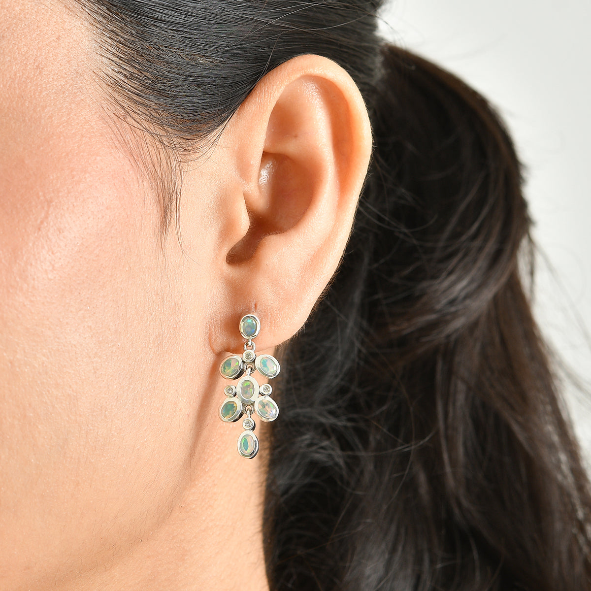 D'Joy - AAA Ethiopian Opal &amp; White Zircon Dangling Earring in Rhodium Overlay Sterling Silver 1.74 Ct. 8700331 1