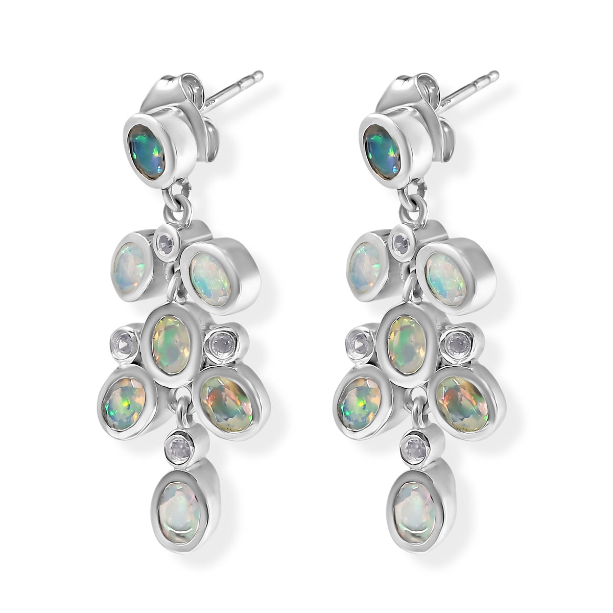 D'Joy - AAA Ethiopian Opal &amp; White Zircon Dangling Earring in Rhodium Overlay Sterling Silver 1.74 Ct. 8700331 2