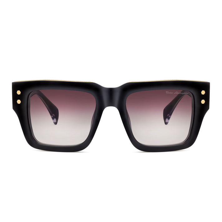 Tonino Lamborghini Eyewear- Classic Black Wayfarer Sunglasses with Grey Gradient Lenses &amp; Gold-Tone Temple Design Detailing 8701089 1