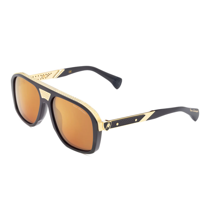 Tonino Lamborghini Eyewear- Oversized Black Aviator Mask Sunglasses - Flat-Top Double Bridge Frame with Translucent Brown Orange Lenses &amp; Gold Logo Temples 8701090 2