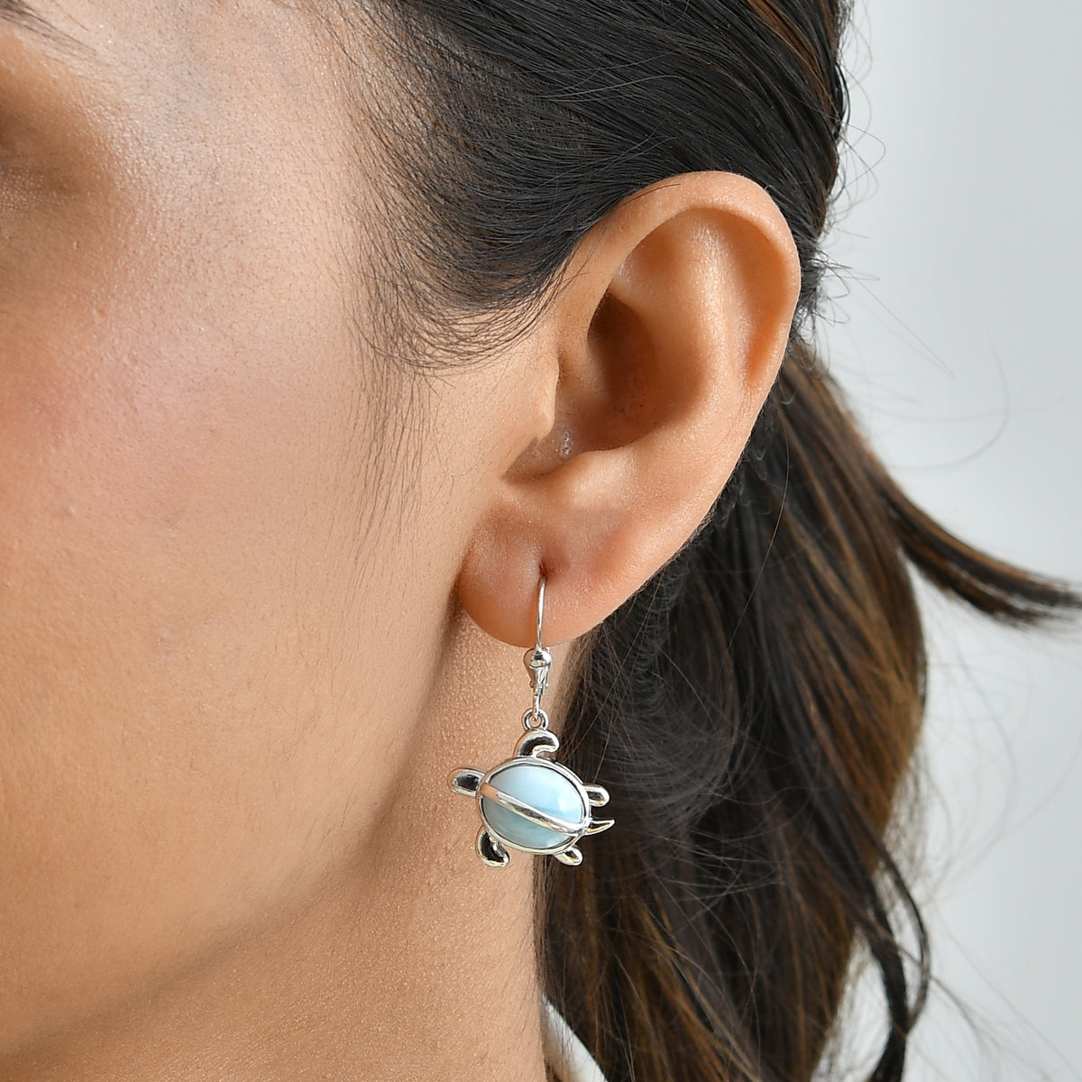 GP Capri Sealife Collection - Larimar &amp; Blue Sapphire Turtle Earring with Lever Back in Rhodium Overlay Sterling Silver 9.00 Ct. V32535275 2