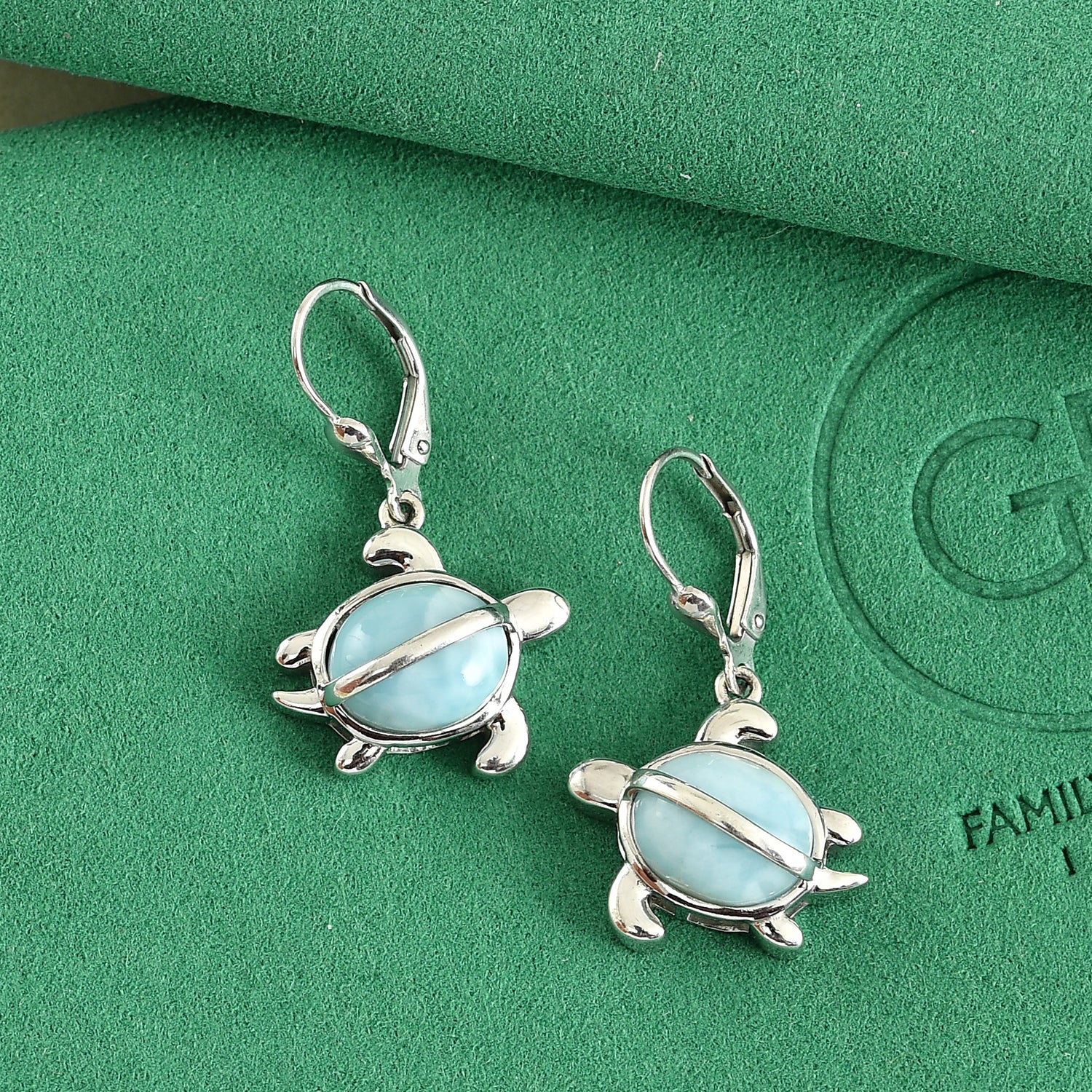 GP Capri Sealife Collection - Larimar &amp; Blue Sapphire Turtle Earring with Lever Back in Rhodium Overlay Sterling Silver 9.00 Ct. V32535275 4