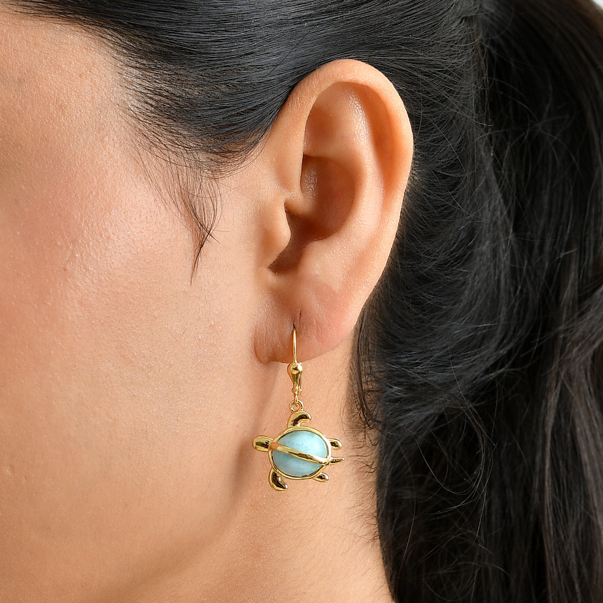 GP Capri Sealife Collection - Larimar &amp; Blue Sapphire Turtle Earring with Lever Back in 18K Vermeil Yellow Gold Plated Sterling Silver 9.00 Ct. V32535176 2