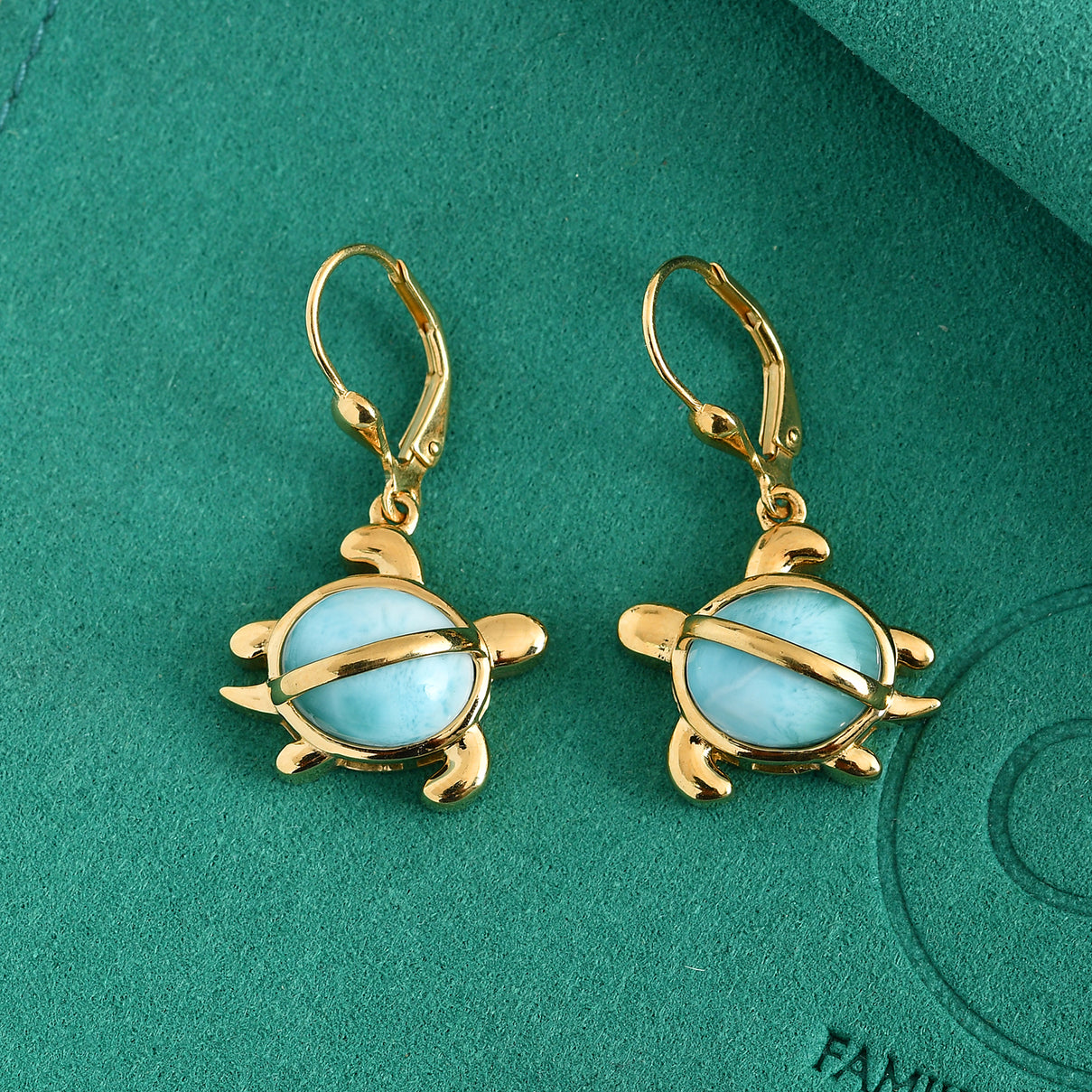 GP Capri Sealife Collection - Larimar &amp; Blue Sapphire Turtle Earring with Lever Back in 18K Vermeil Yellow Gold Plated Sterling Silver 9.00 Ct. V32535176 3