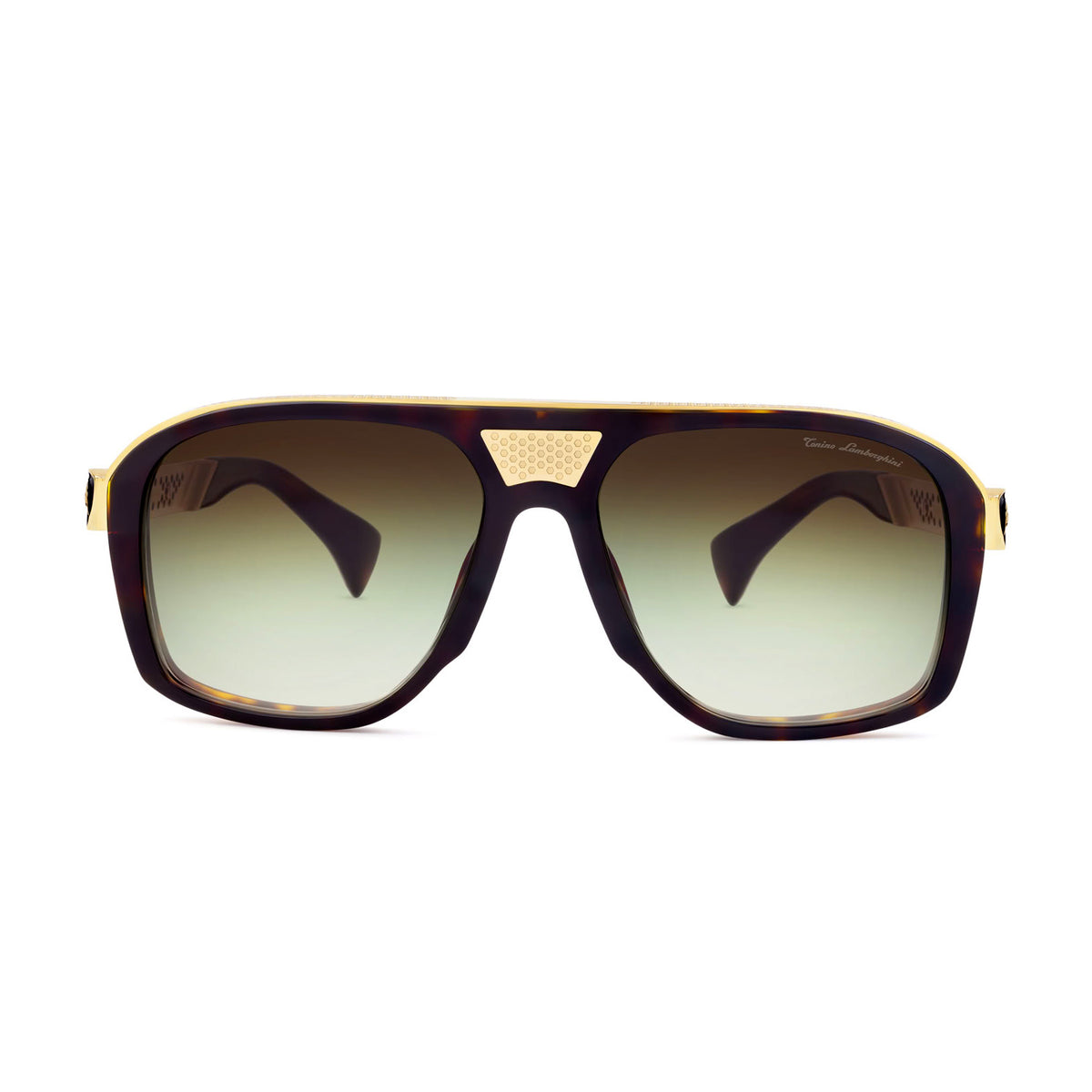 Tonino Lamborghini Eyewear- Havana Black &amp; Gold Square Sunglasses With Green Lenses And Symbol Design On Temples 8701099 0