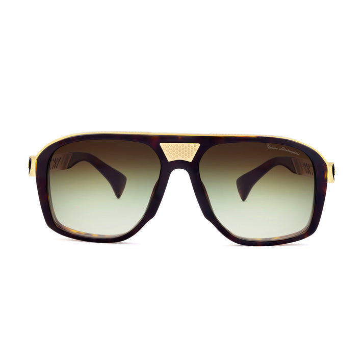 Tonino Lamborghini Eyewear- Havana Gold Square Sunglasses With Green Lenses And Symbol Design On Temples 8701099 1