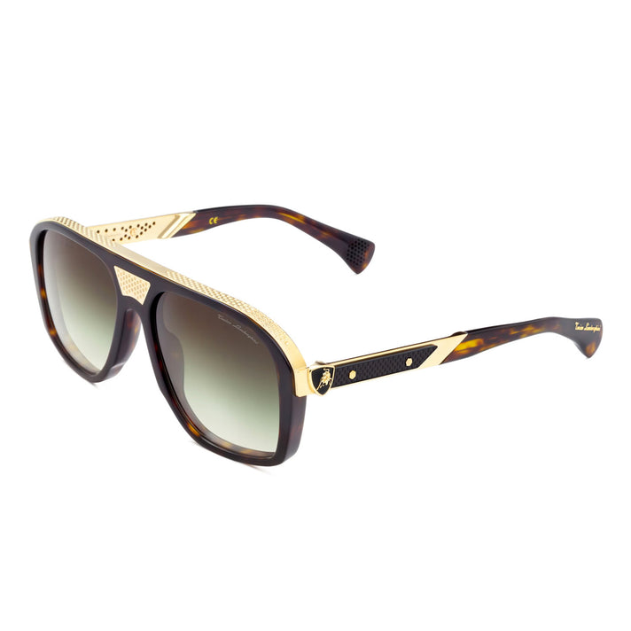 Tonino Lamborghini Eyewear- Havana Gold Square Sunglasses With Green Lenses And Symbol Design On Temples 8701099 2
