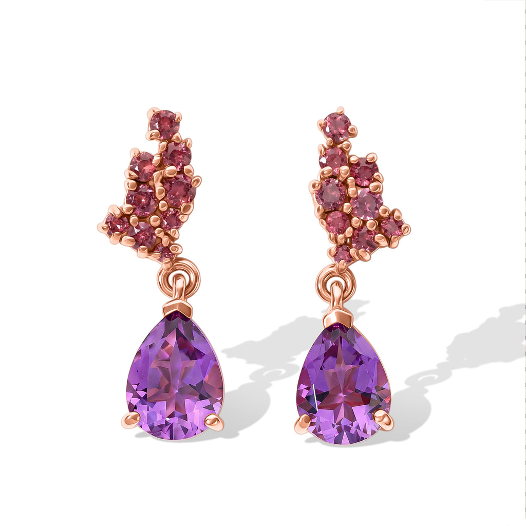 D'Joy - Rose De France Amethyst & Orissa Rose Garnet Dangling Earring with Push Post in Rose Gold Plated Sterling Silver 2.60 Ct._8701669
