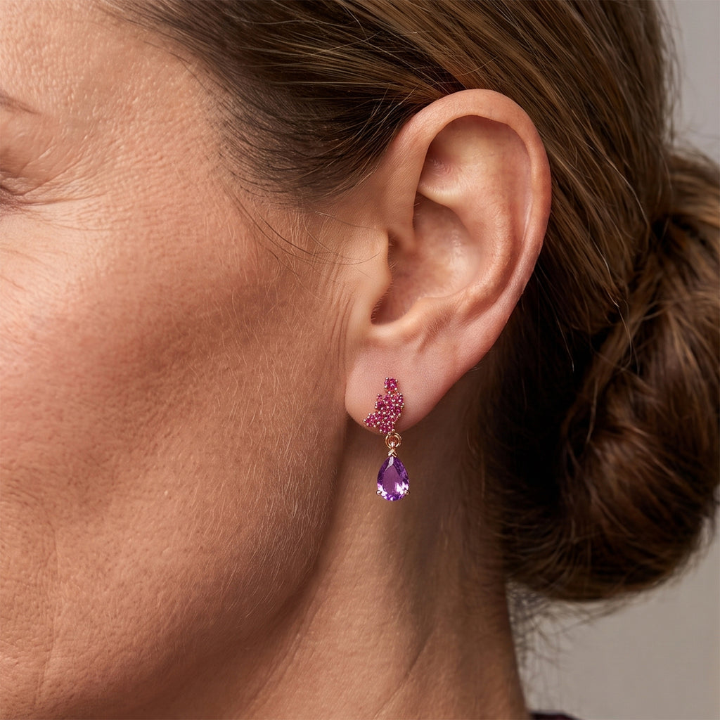 D'Joy - Rose De France Amethyst & Orissa Rose Garnet Dangling Earring with Push Post in Rose Gold Plated Sterling Silver 2.60 Ct._8701669_1