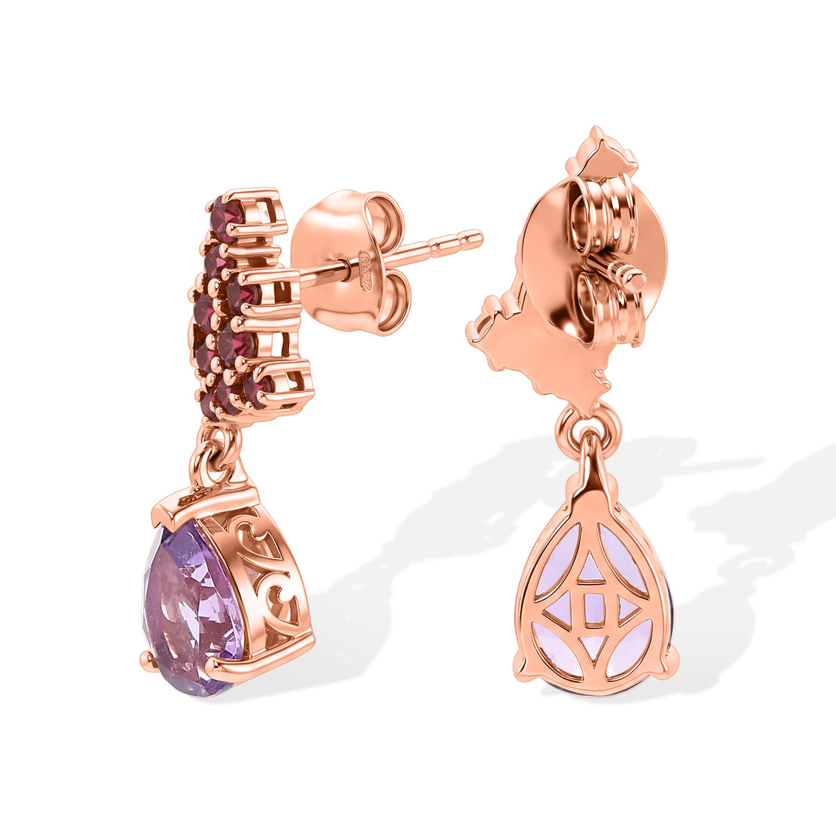 D'Joy - Rose De France Amethyst &amp; Orissa Rose Garnet Dangling Earring with Push Post in Rose Gold Plated Sterling Silver 2.60 Ct. 8701669 3