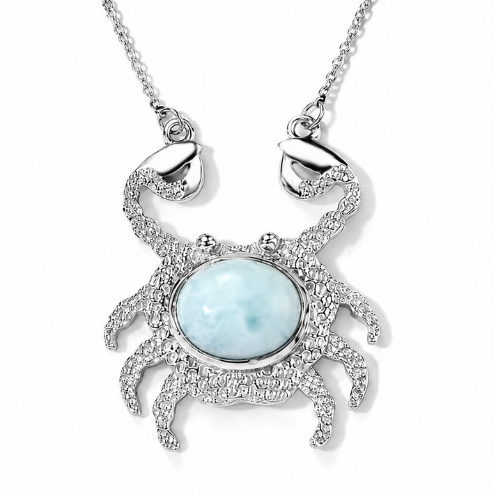 GP Capri Sealife Collection - Larimar &amp; Blue Sapphire Crab Design Necklace (Size - 20) in Rhodium Overlay Sterling Silver 4.00 Ct. 8702387 1