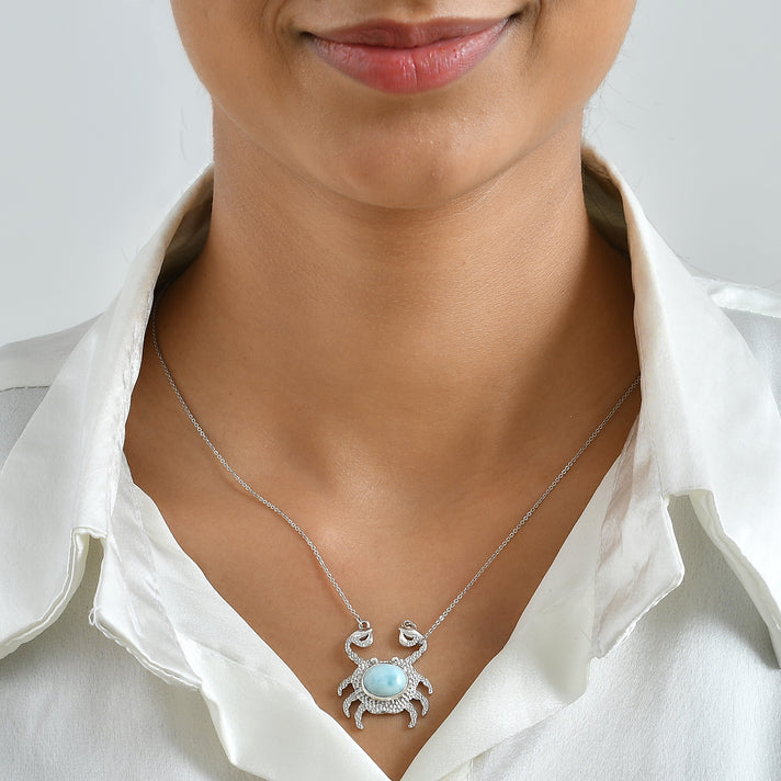 GP Capri Sealife Collection - Larimar &amp; Blue Sapphire Crab Design Necklace (Size - 20) in Rhodium Overlay Sterling Silver 4.00 Ct. 8702387 2