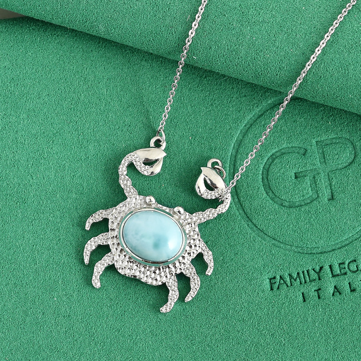 GP Capri Sealife Collection - Larimar &amp; Blue Sapphire Crab Design Necklace (Size - 20) in Rhodium Overlay Sterling Silver 4.00 Ct. 8702387 4
