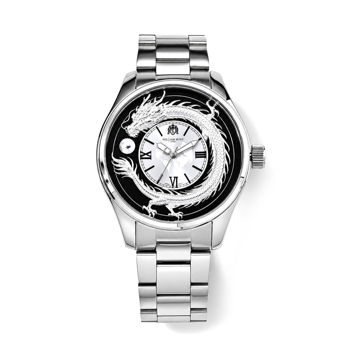 William Hunt Miyota 2035 Japan Movement 5ATM WR Silver Gragon &amp; Earth Pattern Sunray Black Dial &amp; IPS Plating 304 Stainless Steel Case Mens Watch with Stainless Steel Strap 8702880 0