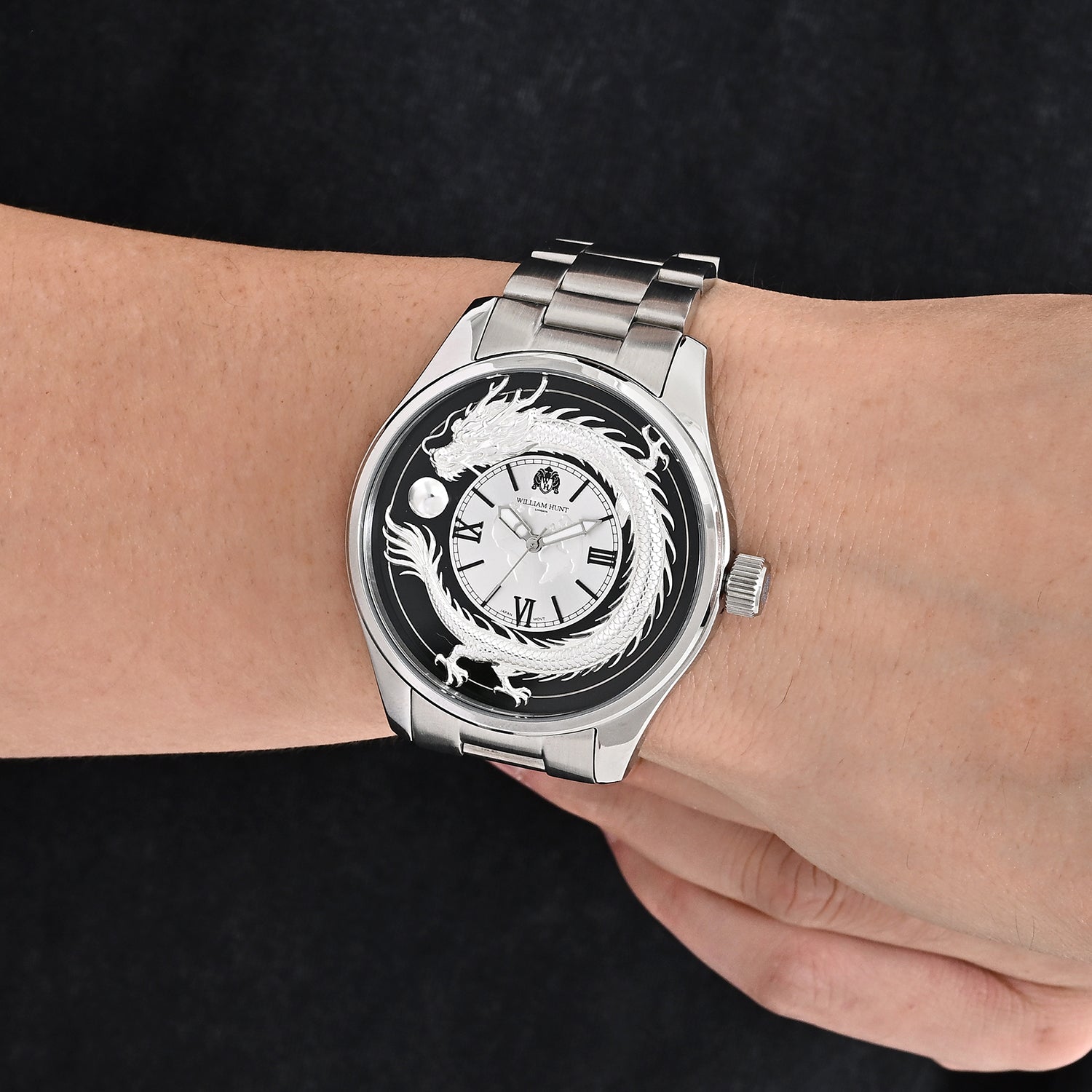 William Hunt Miyota 2035 Japan Movement 5ATM WR Silver Gragon &amp; Earth Pattern Sunray Black Dial &amp; IPS Plating 304 Stainless Steel Case Mens Watch with Stainless Steel Strap 8702880 1