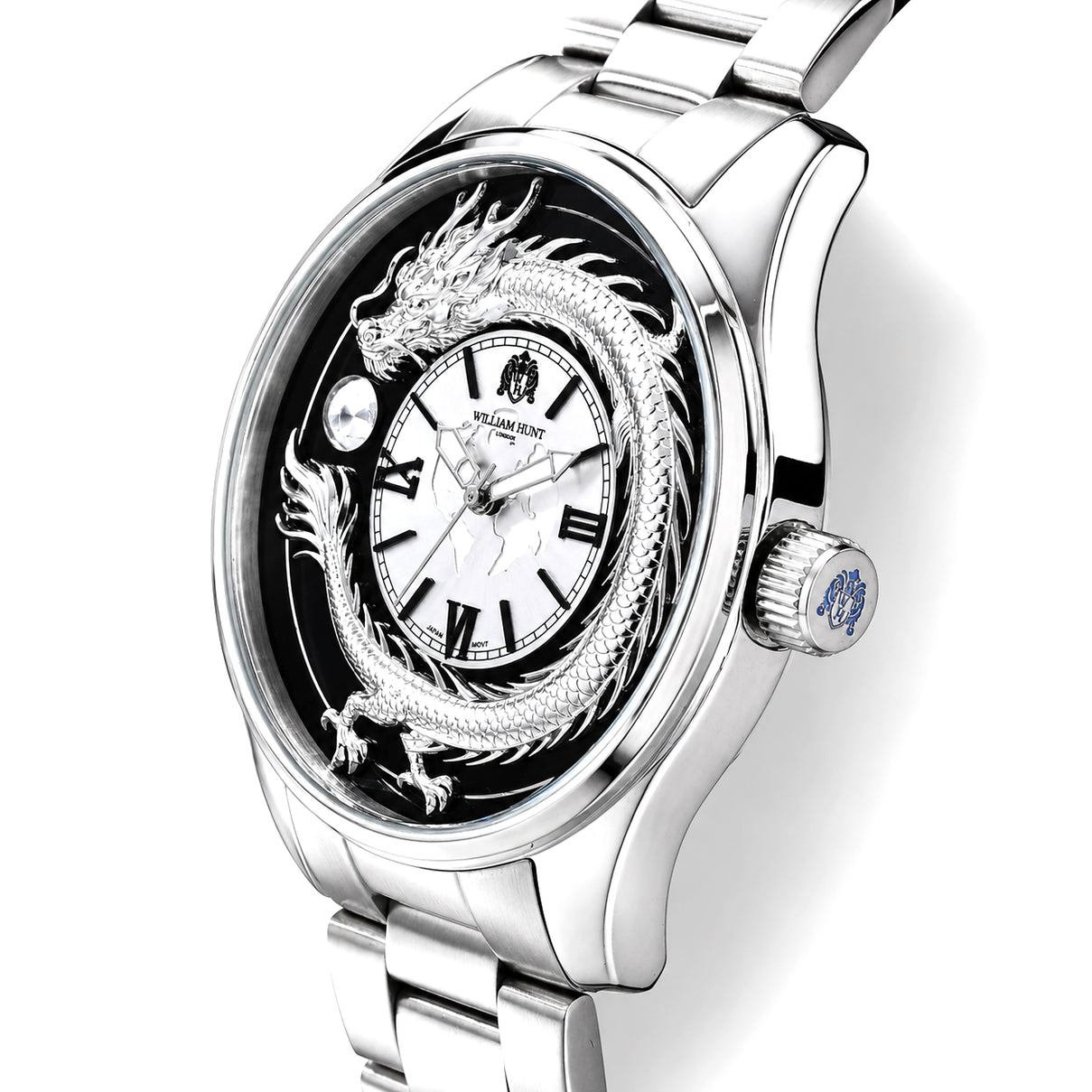 William Hunt Miyota 2035 Japan Movement 5ATM WR Silver Gragon &amp; Earth Pattern Sunray Black Dial &amp; IPS Plating 304 Stainless Steel Case Mens Watch with Stainless Steel Strap 8702880 2