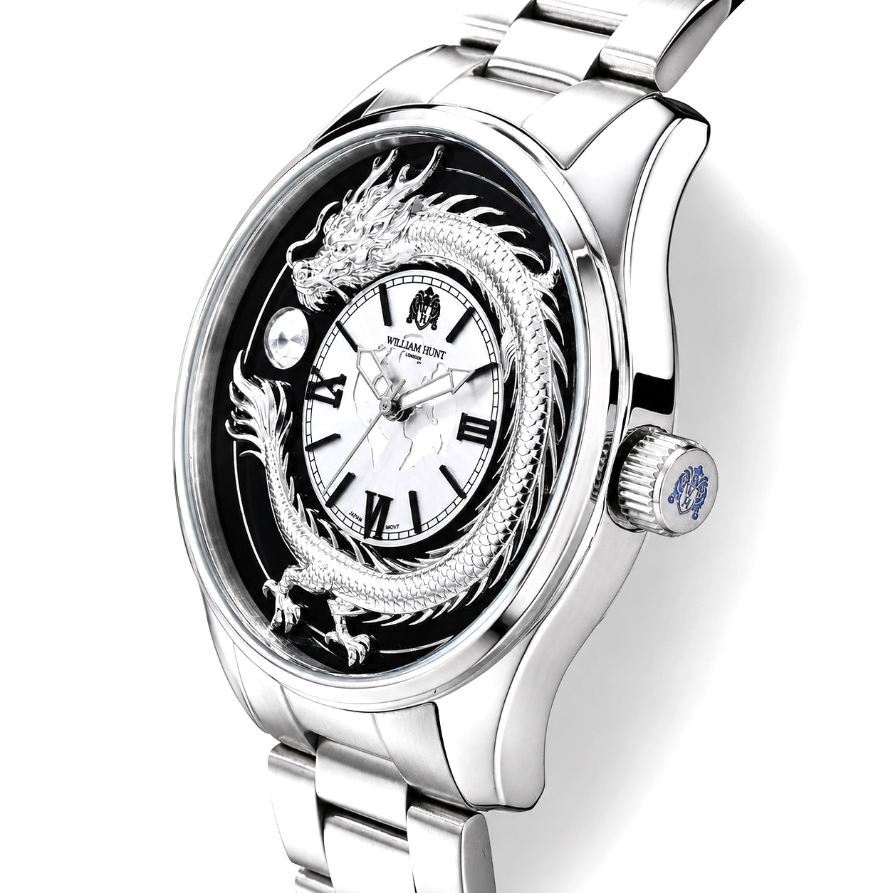 William Hunt Miyota 2035 Japan Movement 5ATM WR Silver Gragon &amp; Earth Pattern Sunray Black Dial &amp; IPS Plating 304 Stainless Steel Case Mens Watch with Stainless Steel Strap 8702880 2