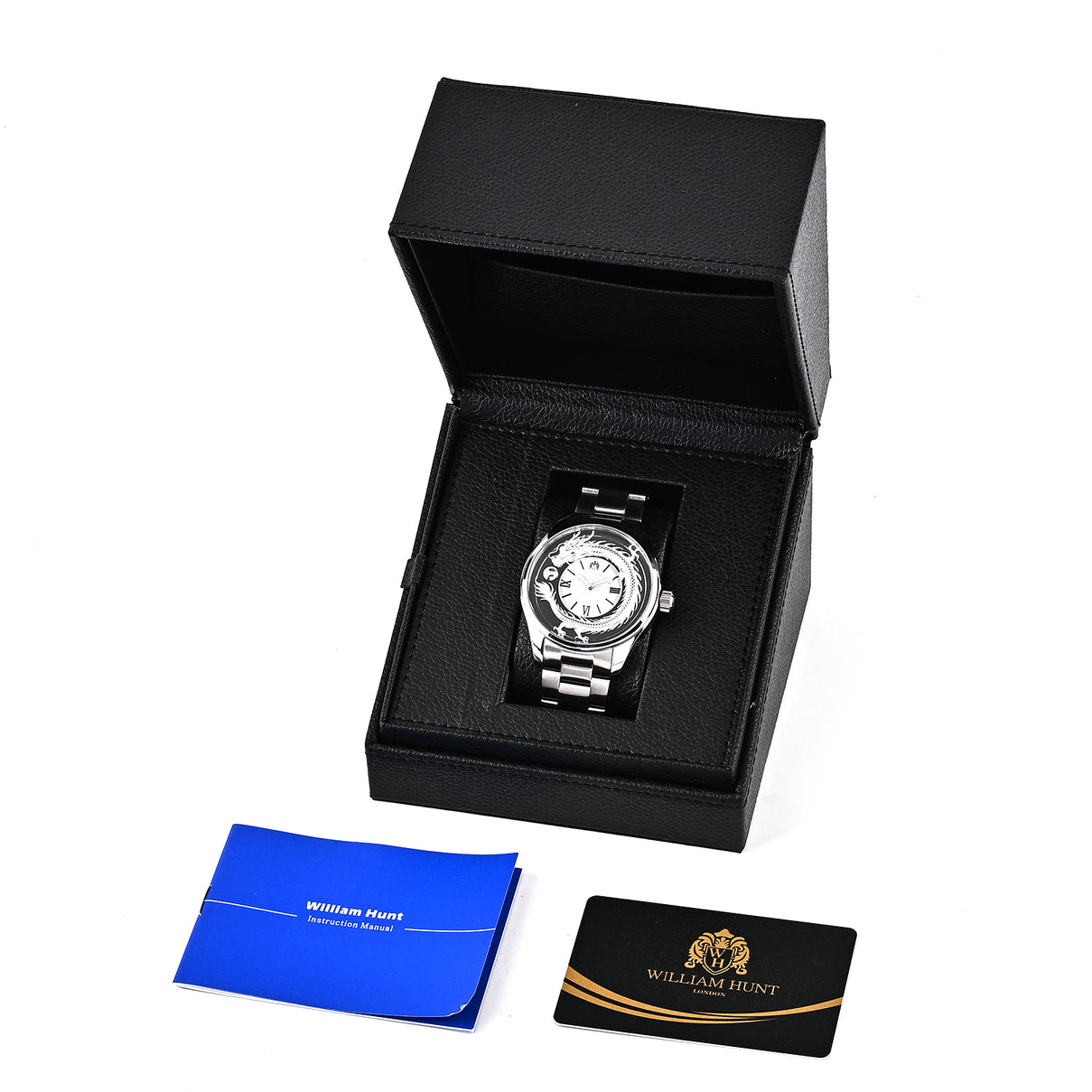 William Hunt Miyota 2035 Japan Movement 5ATM WR Silver Gragon &amp; Earth Pattern Sunray Black Dial &amp; IPS Plating 304 Stainless Steel Case Mens Watch with Stainless Steel Strap 8702880 7