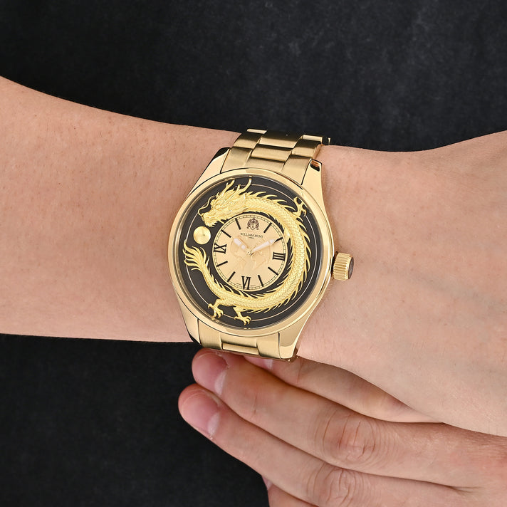 William Hunt Relief Dragon Miyota 2035 Japan Movement 5ATM WR Earth Pattern Gold Sunray Dial &amp; IPG Plating 304 Stainless Steel Case Mens Watch with Stainless Steel Strap 8702910 2