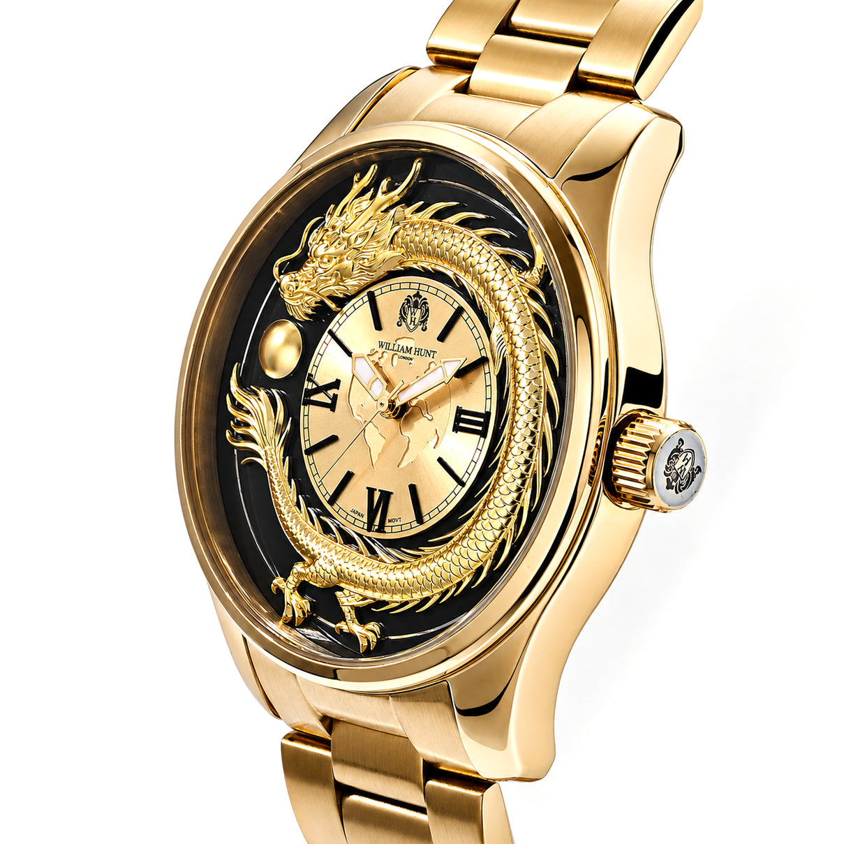William Hunt Relief Dragon Miyota 2035 Japan Movement 5ATM WR Earth Pattern Gold Sunray Dial &amp; IPG Plating 304 Stainless Steel Case Mens Watch with Stainless Steel Strap 8702910 2