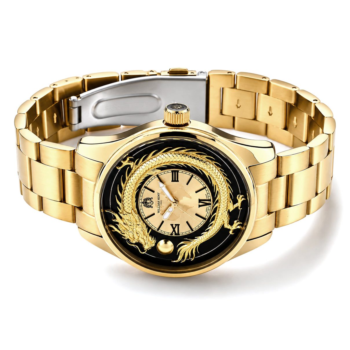 William Hunt Relief Dragon Miyota 2035 Japan Movement 5ATM WR Earth Pattern Gold Sunray Dial &amp; IPG Plating 304 Stainless Steel Case Mens Watch with Stainless Steel Strap 8702910 3