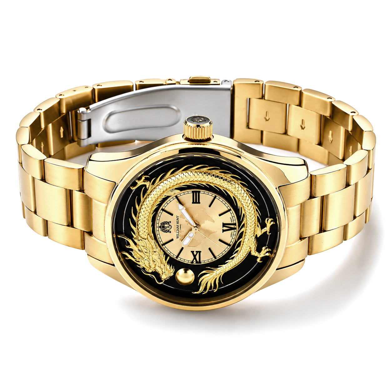 William Hunt Relief Dragon Miyota 2035 Japan Movement 5ATM WR Earth Pattern Gold Sunray Dial &amp; IPG Plating 304 Stainless Steel Case Mens Watch with Stainless Steel Strap 8702910 3