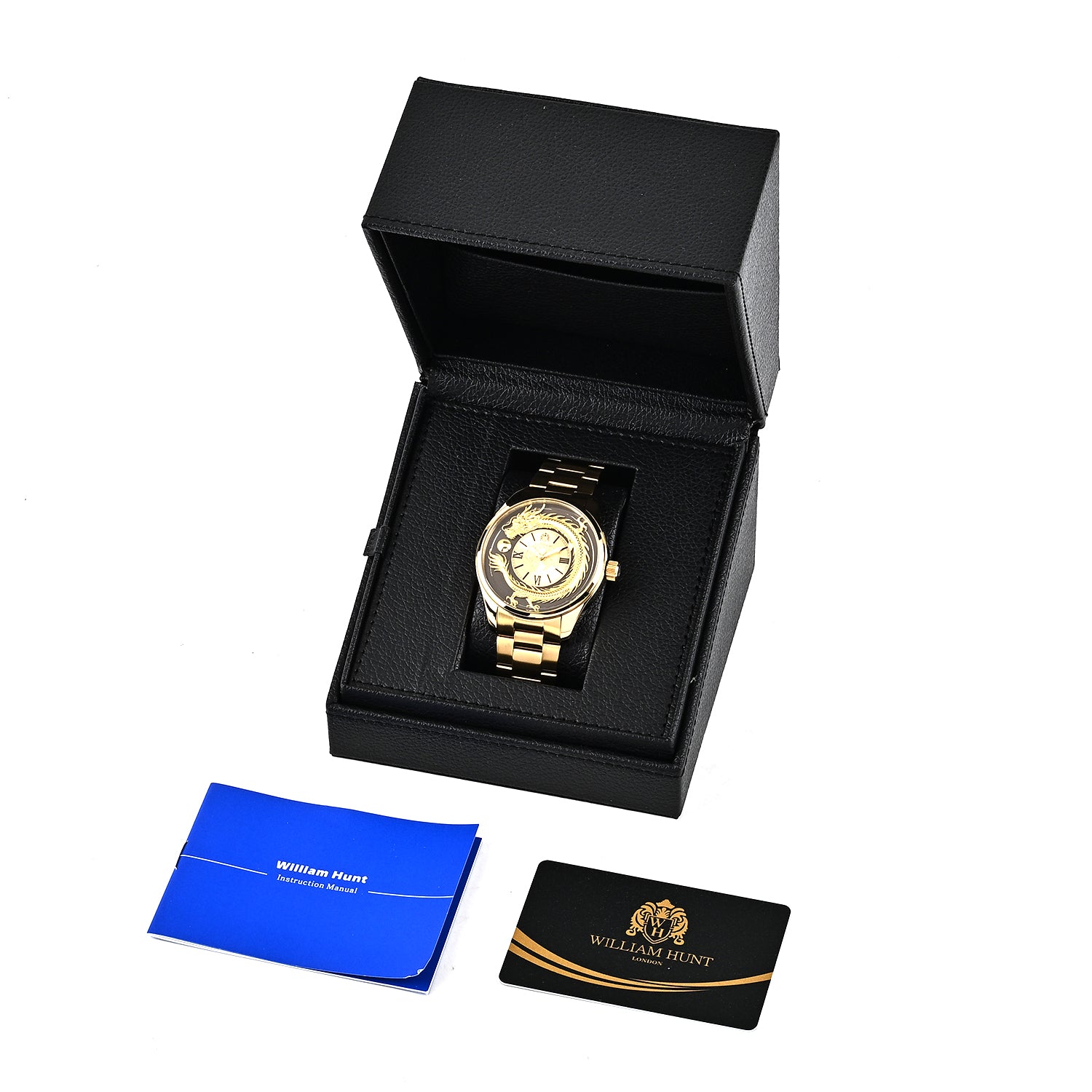 William Hunt Relief Dragon Miyota 2035 Japan Movement 5ATM WR Earth Pattern Gold Sunray Dial &amp; IPG Plating 304 Stainless Steel Case Mens Watch with Stainless Steel Strap 8702910 7