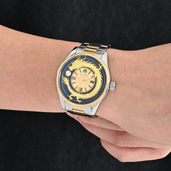 William Hunt MIYOTA 2035 Japan Movement 5ATM WR Gold Sunray Navy Blue &amp; Gold Earth Pattern Relief Dragon Dial &amp; Two-Tone Plating Mens Watch with Stainless Steel Strap 8702912 2