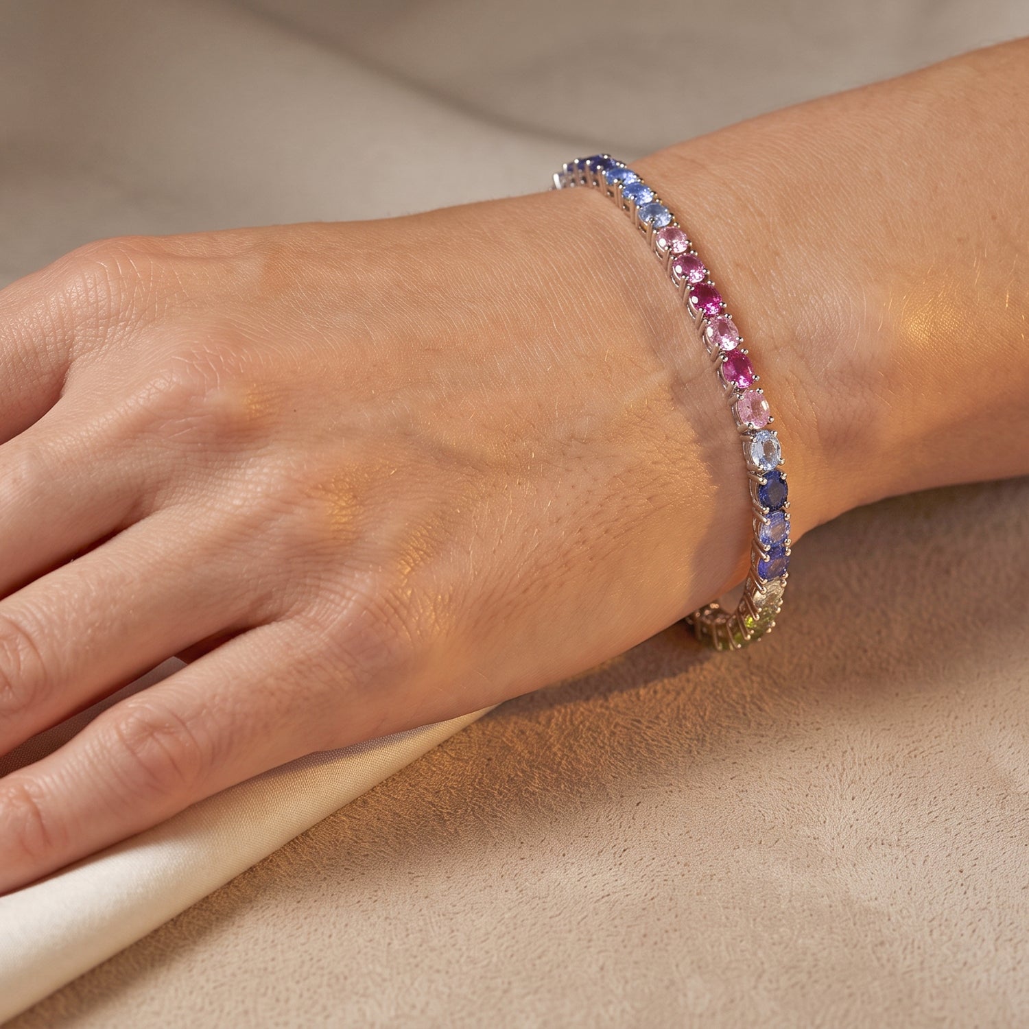 D'Joy - Multi Sapphire Tennis Bracelet (Size - 7) in Rhodium Overlay Sterling Silver 9.00 Ct. 8703799 1
