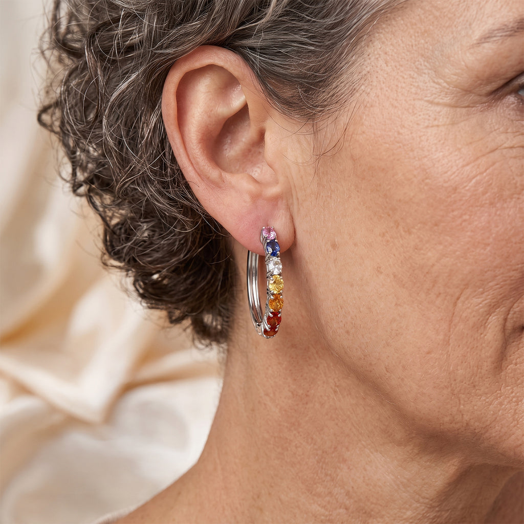 D'Joy - Multi Sapphire Hoop Earring in Rhodium Overlay Sterling Silver 3.20 Ct._8703844_1