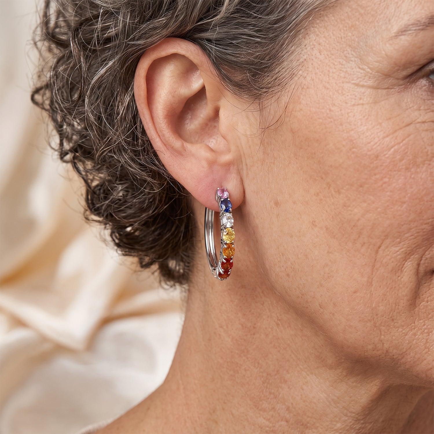 D'Joy - Multi Sapphire Hoop Earring in Rhodium Overlay Sterling Silver 3.20 Ct. 8703844 1