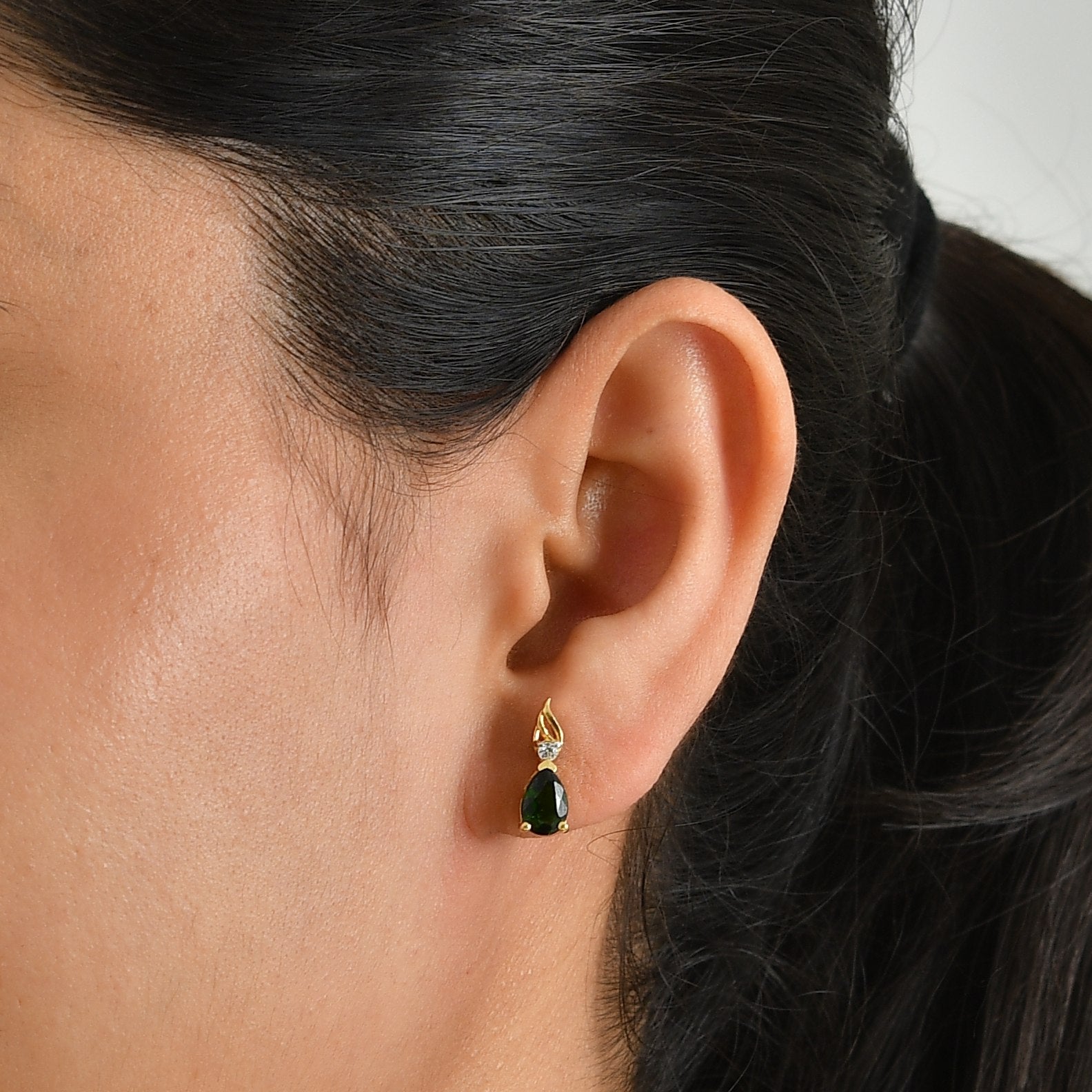 D'Joy - Natural Chrome Diopside &amp; White Zircon Flame Drop Earring with Push Back in Yellow Gold Plated Sterling Silver 1.50 Ct. 8704323 2