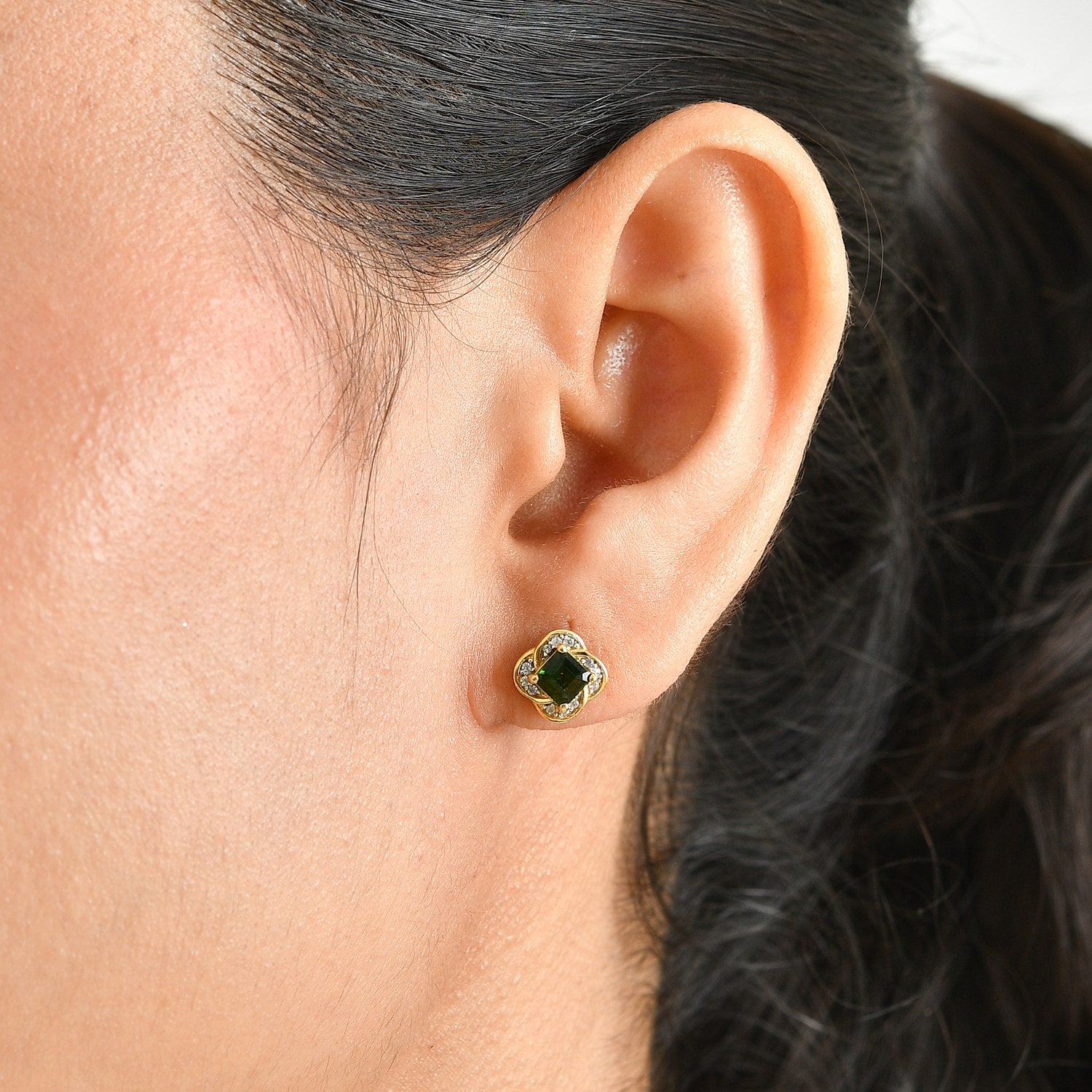 D'Joy - Natural Chrome Diopside &amp; White Zircon Stud Earring with Push Back in Yellow Gold Plated Sterling Silver 8704404 2