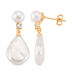 White Keshi Pearl, White Cubic Zirconia & White Fresh Water Pearl Drop Earring with Push Back 15.00 Ct._8705721