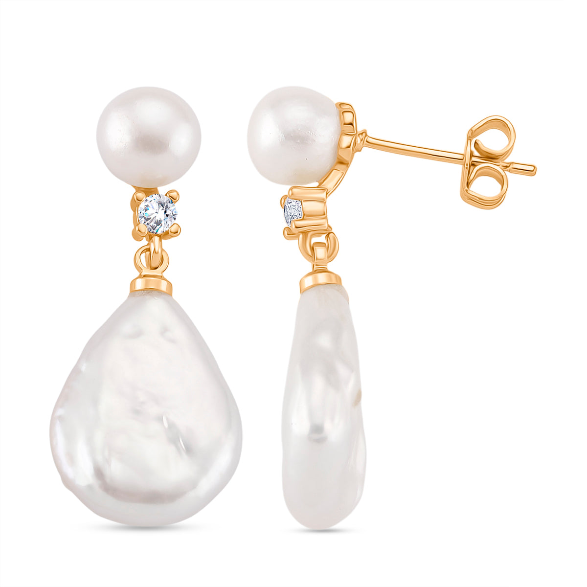 White Keshi Pearl, White Cubic Zirconia &amp; White Fresh Water Pearl Drop Earring with Push Back 8705721 0