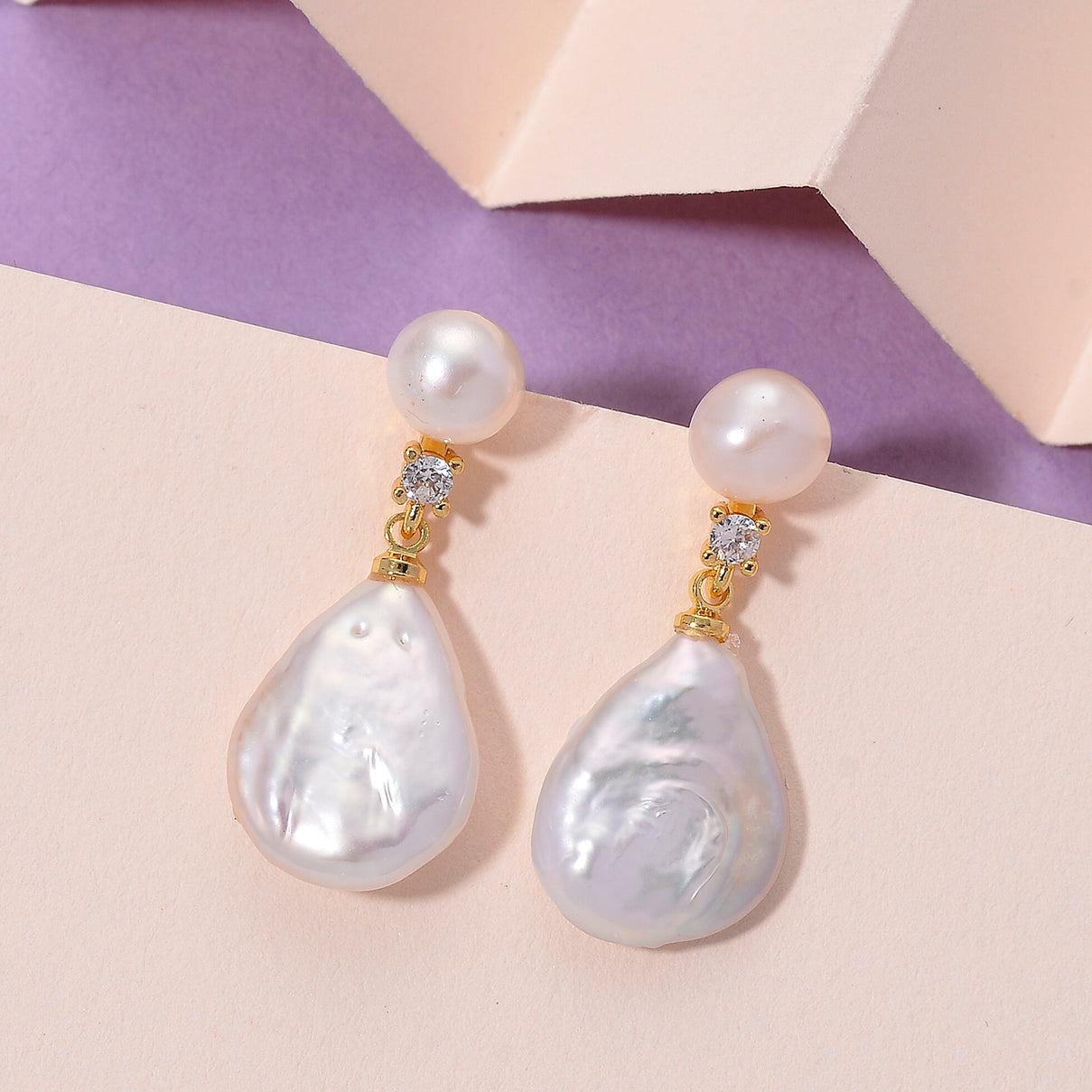 White Keshi Pearl, White Cubic Zirconia &amp; White Fresh Water Pearl Drop Earring with Push Back 8705721 2