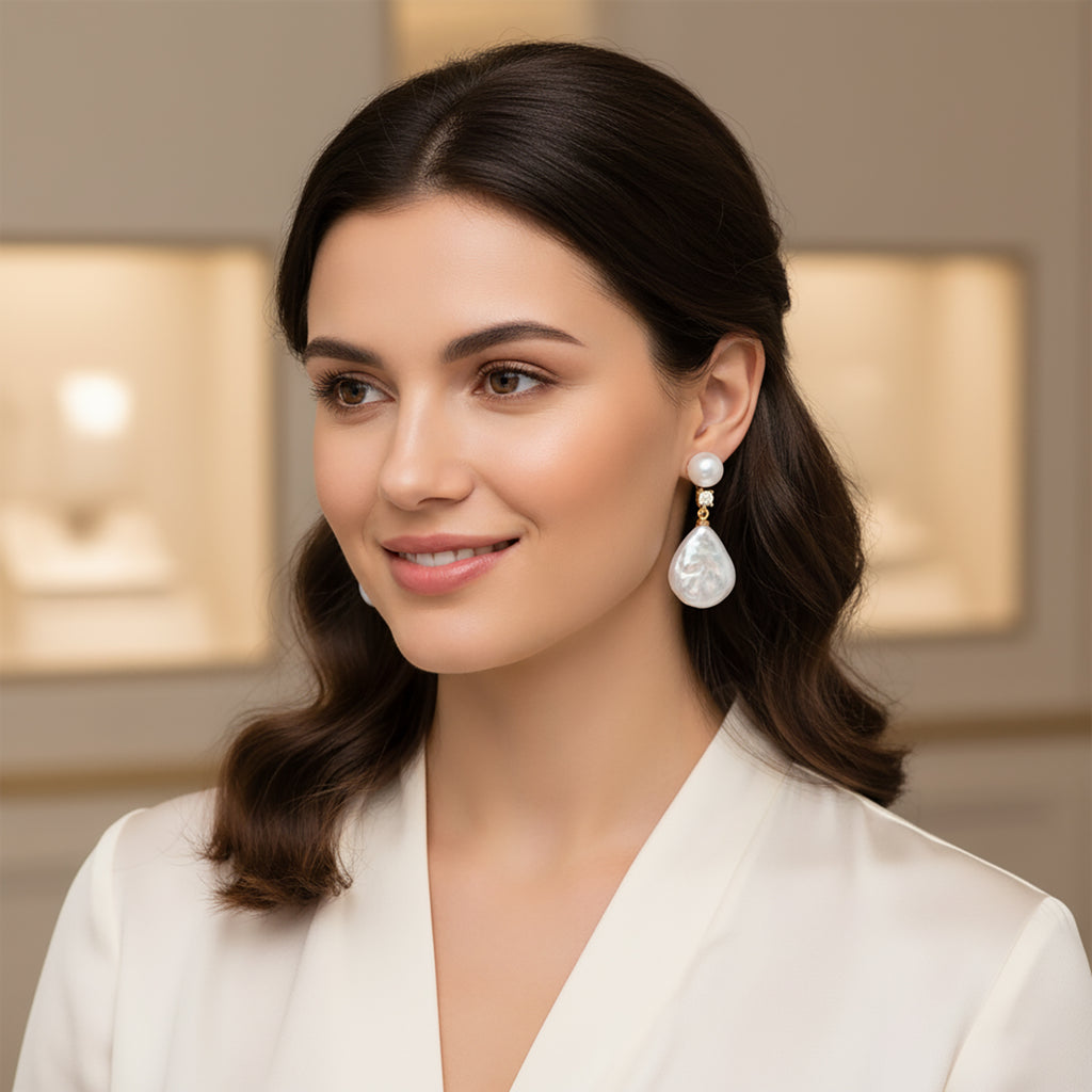 White Keshi Pearl, White Cubic Zirconia & White Fresh Water Pearl Drop Earring with Push Back 15.00 Ct._8705721_2