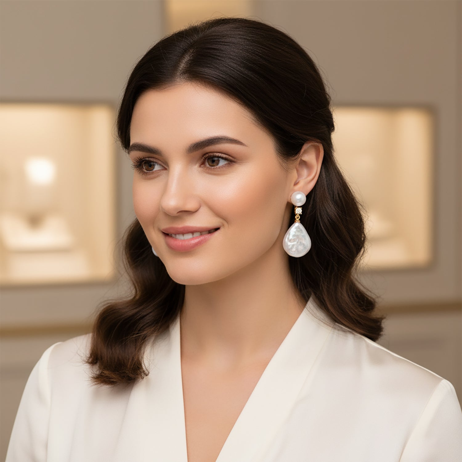 White Keshi Pearl, White Cubic Zirconia &amp; White Fresh Water Pearl Drop Earring with Push Back 8705721 3