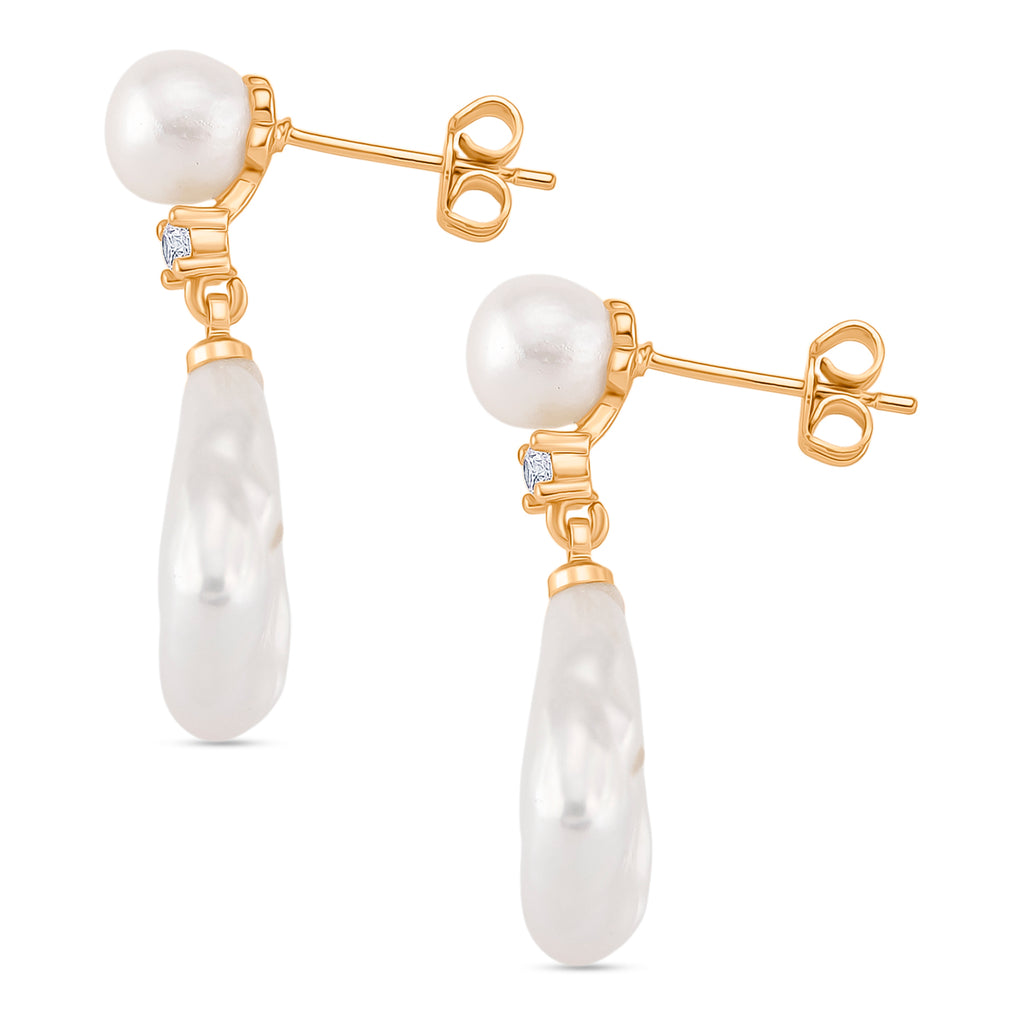 White Keshi Pearl, White Cubic Zirconia & White Fresh Water Pearl Drop Earring with Push Back 15.00 Ct._8705721_3