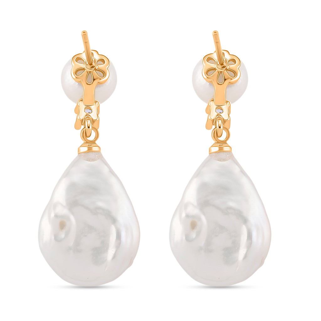 White Keshi Pearl, White Cubic Zirconia & White Fresh Water Pearl Drop Earring with Push Back 15.00 Ct._8705721_4