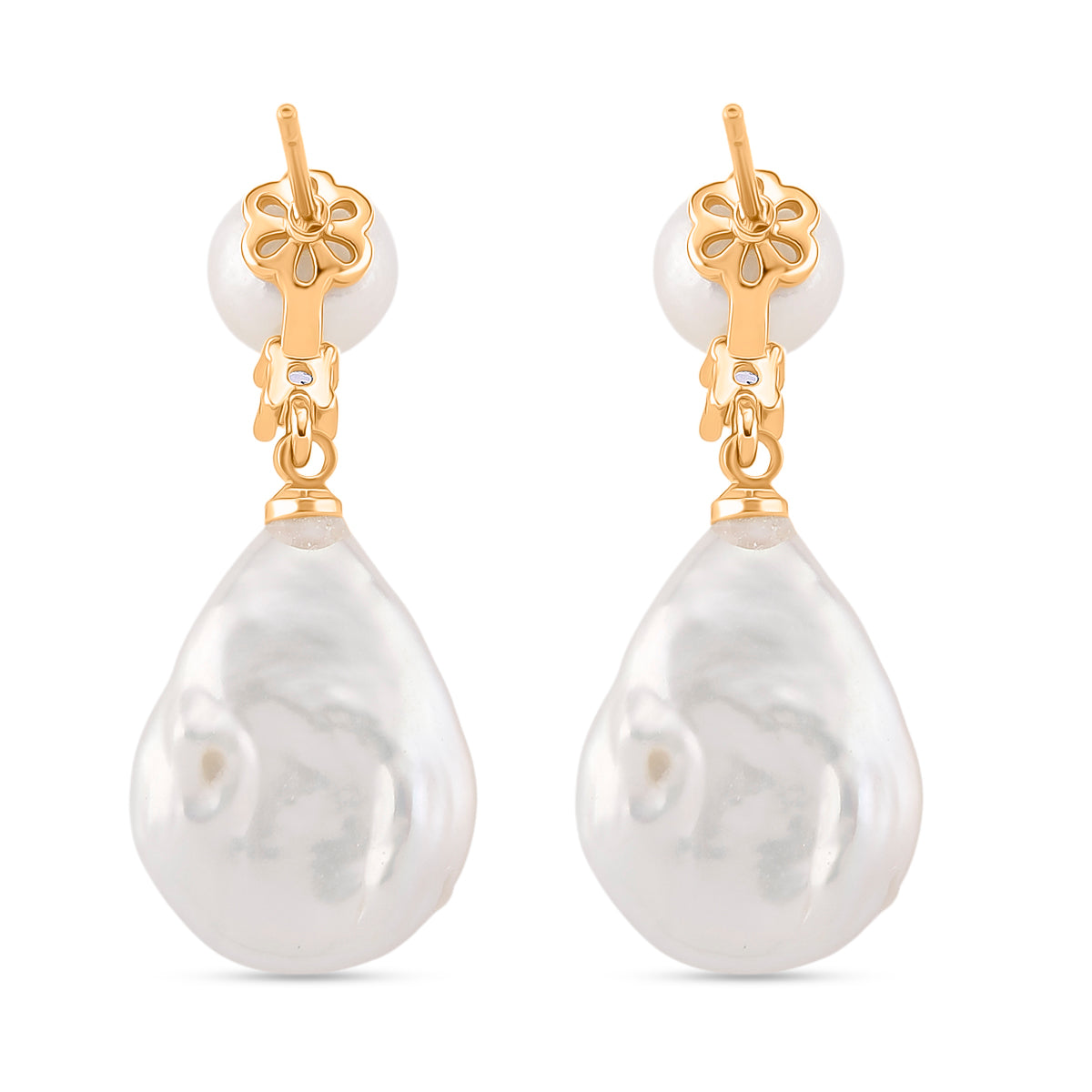 White Keshi Pearl, White Cubic Zirconia &amp; White Fresh Water Pearl Drop Earring with Push Back 8705721 5